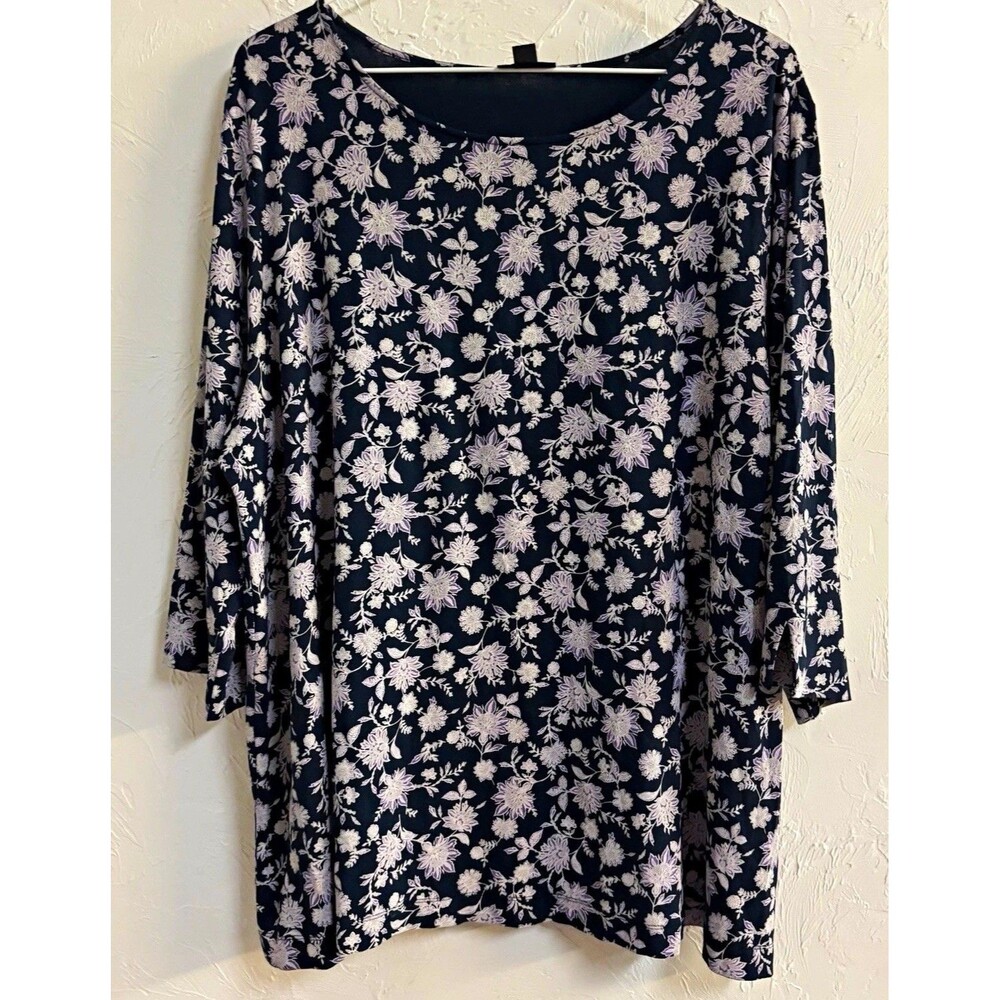 J. Jill Wearever Women’s Tunic Top XL Black/White Floral Knit Scoop 3/4 Slv